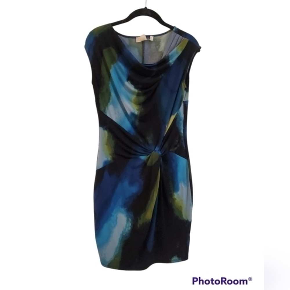 Michael Kors Women's Blue Green Watercolors Drape Neck Dress Small